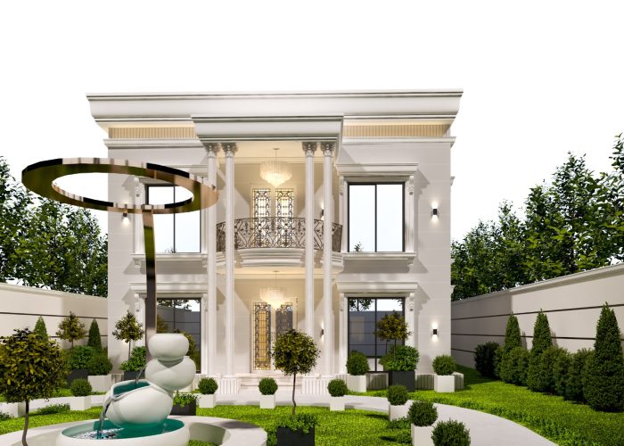 A luxurious house with a grand entrance, featuring a sweeping driveway, manicured lawn, and lush landscaping. The house has a brick exterior with white columns and black accents.