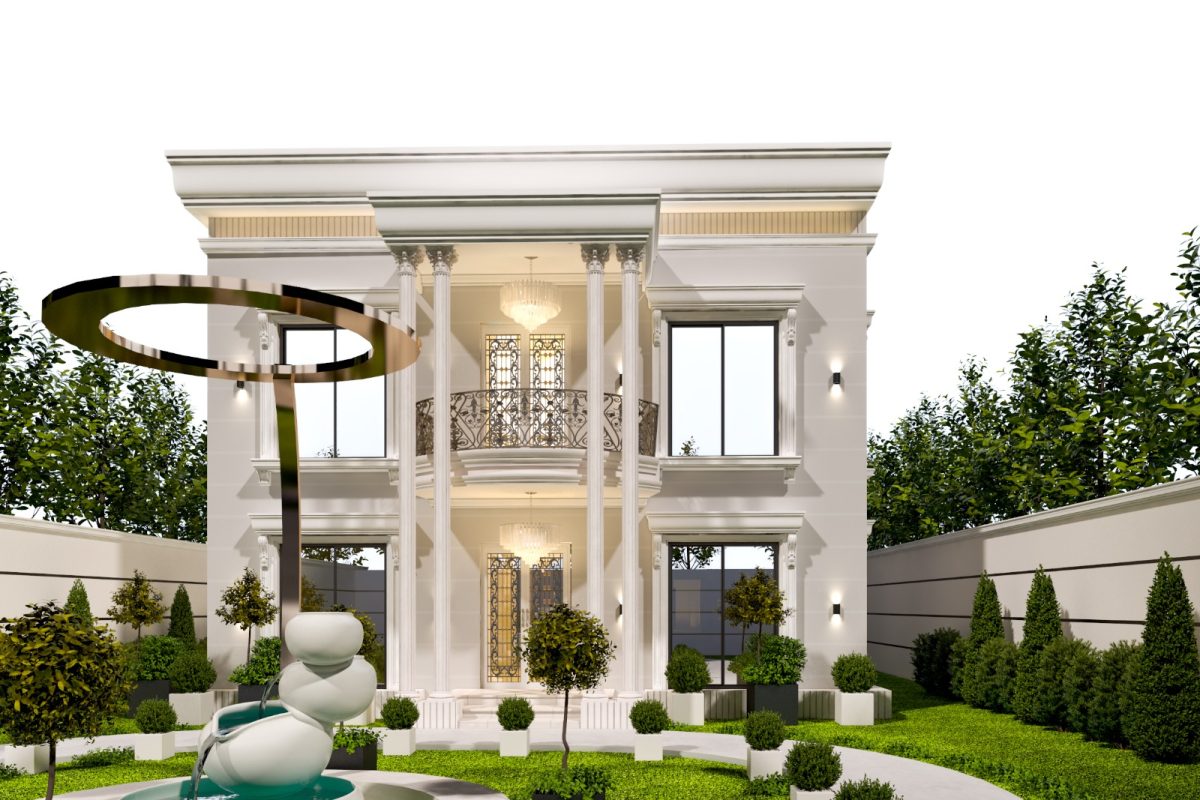 A luxurious house with a grand entrance, featuring a sweeping driveway, manicured lawn, and lush landscaping. The house has a brick exterior with white columns and black accents.